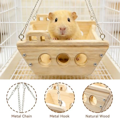 Guinea Pig Hammock, Wooden Swing Toys with Metal Chain and Hook for Cage, Interactive Enrichment Toy for Guinea Pig, Chinchilla, Rat, Hamster and Other Small Animals