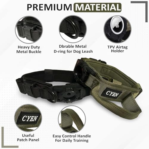 Heavy Duty Tactical Dog Collar with AirTag Holder, Adjustable GPS Tracking Collar for Small, Medium & Large Dogs, Compatible with Apple AirTag, Includes Control Handle for Added Security (Black, S)