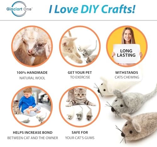 Glaciart One Felt Mouse Cat Toy – 3 Pcs | Soft Fuzzy Enrichment 100% Natural Wool - Interactive Catnip Play Cat Toy Set - Safe for Pets, Non-AZO Colored Dyes
