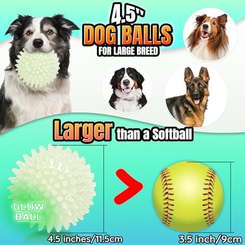 LECHONG 4-Pack Glow in The Dark Squeaky Dog Balls, 4.5” Large Spiky Dog Toy Balls, Durable Glowing Rubber Fetching Ball for Medium & Large Dogs Nighttime Playing Indoors & Outdoors