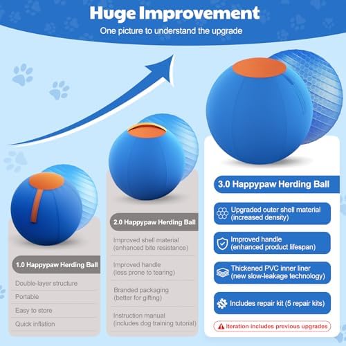 Happypaw 3.0 2026 Upgrade 18'' Herding Ball for Dogs – Enhanced Chew Resistance & Heavy-Duty Material, Dog Toy Agility Equipment for Australian Shepherds,Collies, Includes 5 Repair Patches