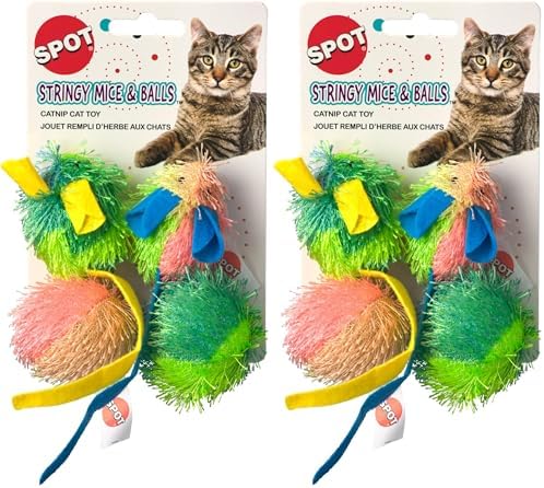 SPOT Stringy Mice & Balls - Catnip Cat Toys, Interactive, Colorful Plush Toys, Fun for Cats and Kittens to Bat and Chase, Boredom Buster - 2 Mice, 2 Balls (Pack of 2)