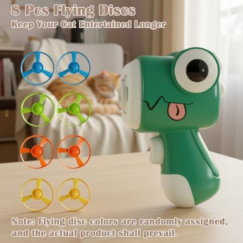 Interactive Cat Toy for Indoor Cats - Cat Fetch Toy Launcher with 8 Colorful Flying Discs, One-Press Exercise Toy for Chasing & Hunting, Fun Kitten Toy for Adult Cats, Green