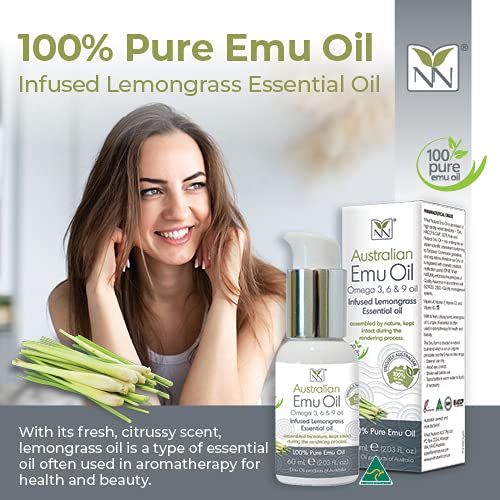Y Not Natural Pure Emu Oil - Organic Moisture for Face, Body, Hair, Scalp & Nails - Rich in Omega 3-6-9, Vitamins & Essential Minerals - Australian Emu Oil (60ml) 2.03 fl oz - Lemongrass