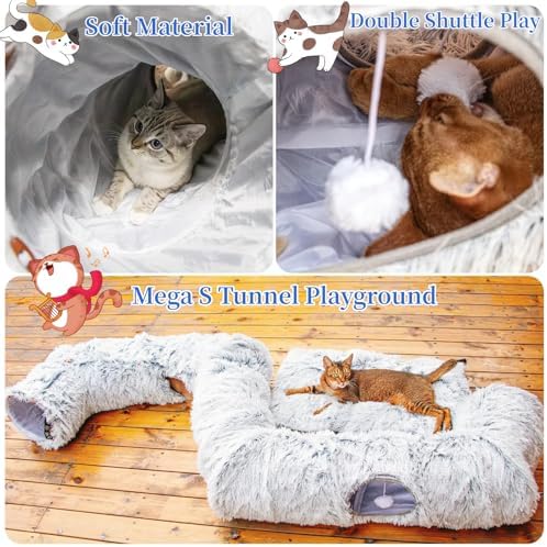 XxingSheep 4-Cave Plush XL Cat Tunnel Bed Indoor Cats Peekaboo Toy Mat Grey