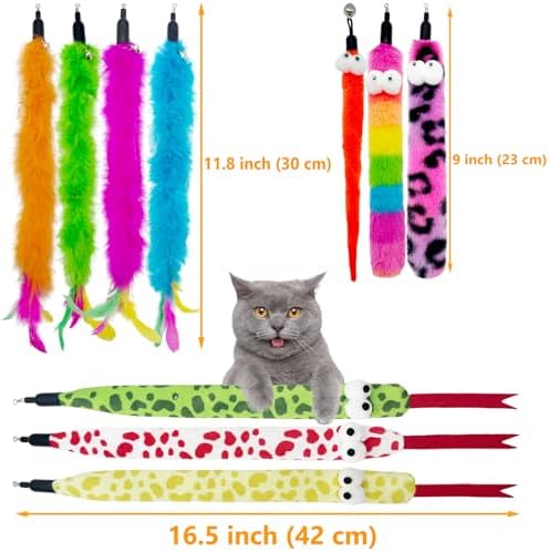 Cat Wand Replacement Feather Worm Snake, 10 Pieces Cat Wand Attachments Assorted Snakes Worms Feathers Refill Toy for Indoor Cats (B)