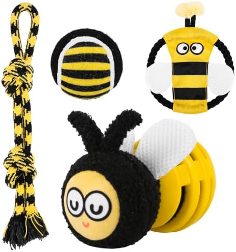 4 Pack Dog Squeaky Toys, Bee Interactive Toys Set, Natural Rope Tug Toy, Crinkle Flying Disc, Tennis Ball ，Puzzle Feeder, Safe Durable Dog Toys for Small Medium Dogs Indoor Outdoor Play