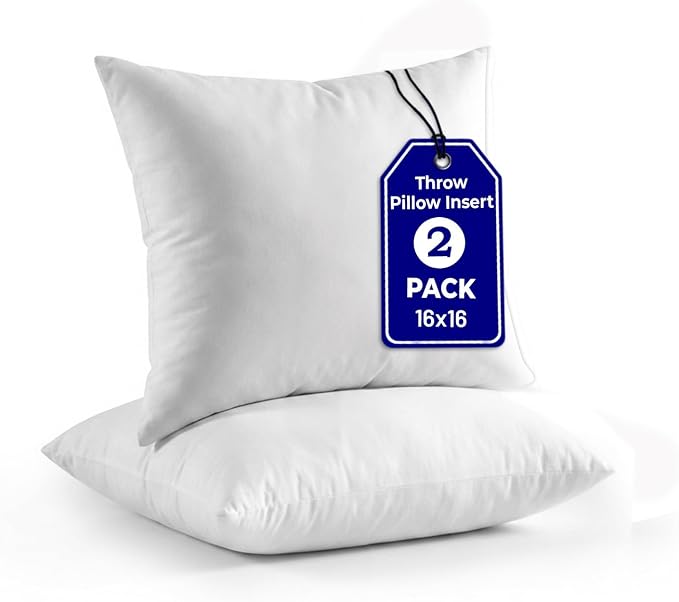 QUBA LINEN Throw Pillow Inserts (Set of 2, White), 16x16 Inches - Premium Cushion Fillers for Sofa, Bed, and Home Décor (16x16 Inch (Pack of 2))