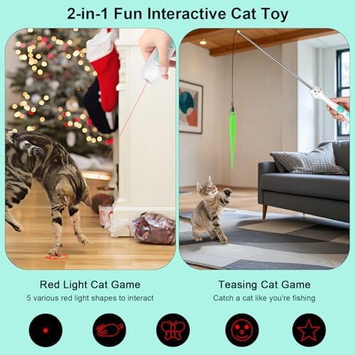 TBTeek Cat Toys Retractable Pole Wand Toy with Feather for Indoor Cats | with Light and 22" Retractable Pole with Feather,Rechargeable,5 Modes, 2in1 Interactive Wand Toy 3 Refills