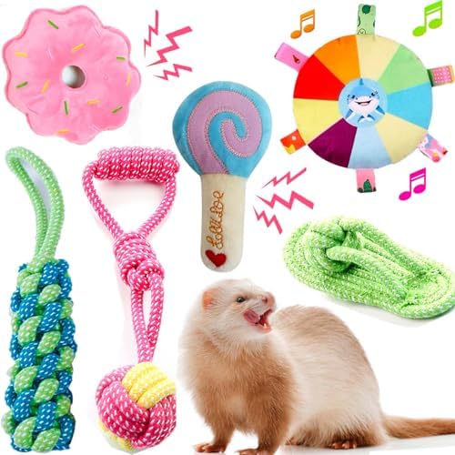 6 Pack Ferret Chew Toys Ferret Bell Balls Squeaker Toys Squeak Toy Teething Pet Toy Durable Knotted Tug of war Cotton Chew Toys Exercise Scratch Toy Interactive Cat Dog Rope Toy Set Small Animals