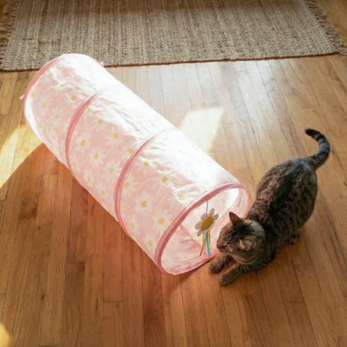 Catstages Tunnel Toy for Indoor Cats, Collapsible Hide & Play Tube with Plush Catnip Toy, Pink Daisy, 28”