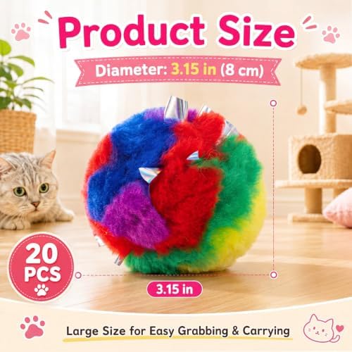 Deekin 20 Pcs Cat Crinkle Toys 3.15 Inch Large Pom Pom Balls for Cats