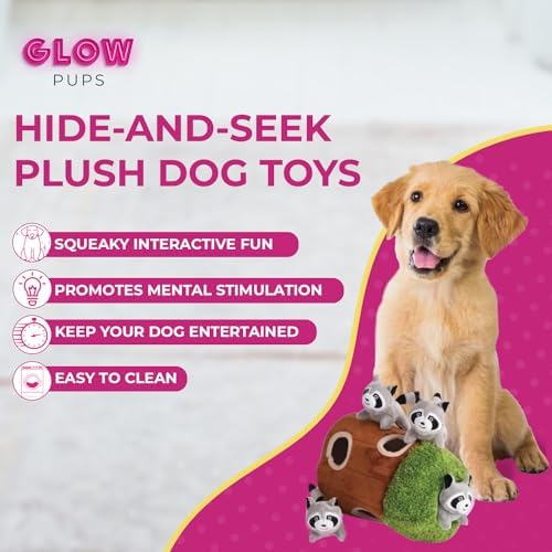 Glow Pups Dog Puzzle Plush Toy Tree with Squeaky Raccoons, Interactive Hide and Seek Fun, Promotes Mental Stimulation, Large Size, Brown/Gray Plush, 5-Pack (Raccoon in Tree, Large)