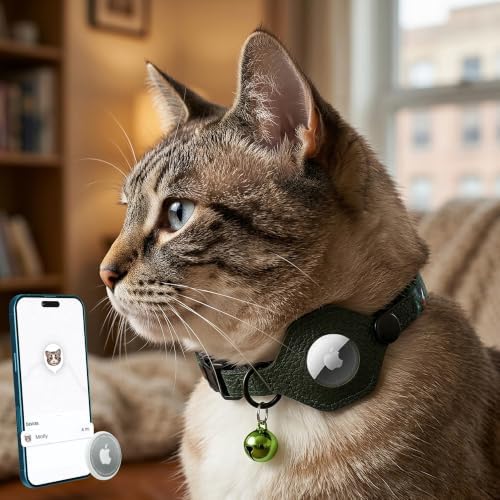 Breakaway Cat Collar with Leather AirTag Holder & Bell - Apple Air Tag Cat Collars for Girls & Boys, Lightweight Anti-Lost GPS Tracker Design, Printed Pattern - Safety and Adjustable (Mushroom)