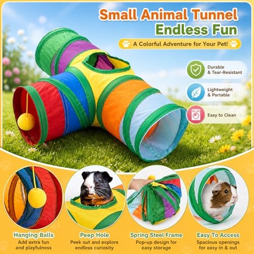 Rypet Guinea Pig Tunnel Hideout 3-Way Collapsible Small Pet Tubes, Rainbow