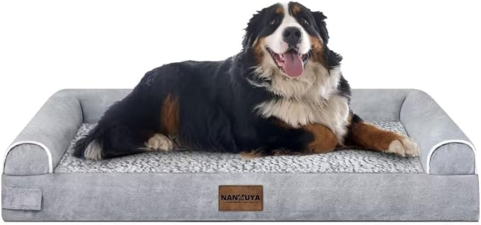 Orthopedic Dog Bed for Jumbo Dogs, 53 x 42 Inch, Light Grey | Egg crate foam for joint support, 3-sided bolster pet sofa, waterproof lining, washable cover, and non-skid base
