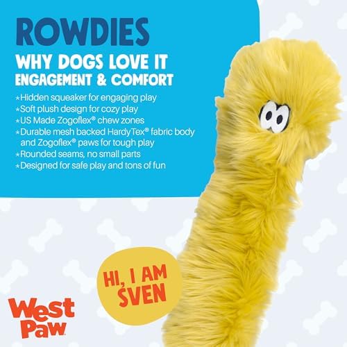 WEST PAW Rowdies Sven Durable Plush Dog Toy with HardyTex Reinforced Seams Squeaker - Soft Plush Exterior Hand Sewn by Skilled Artisans and Made in USA for Dogs - Citrus