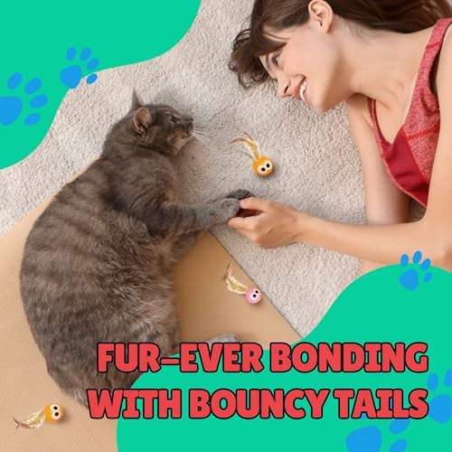 Bouncy Tails 3-Pack Cat Ball Toy with Natural Feathers, Interactive Cat Toys for Bored Indoor Adult Cats, Feather Cat Toy for Indoor Cats and Playful Kittens