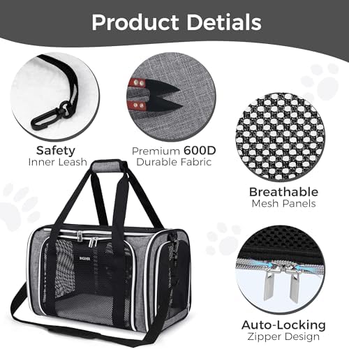 BAGLHER Pet Travel Carrier, Cat Carriers Dog Carrier for Small Medium Cats Dogs Puppies, Airline Approved Small Dog Carrier Soft Sided, Collapsible Puppy Carrier. Grey