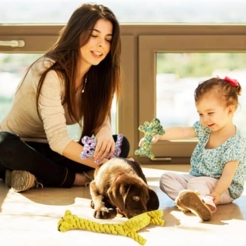 SunGrow Cotton Rope Knot Puppy & Ferret Toys, Tough Teething Chewable Teddy Bear, Giraffe, and Dog, Handwoven for Small Breeds Dog, for Teeth and Gums, Multicolor, 3 Pieces per Pack