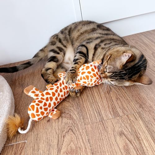 TTcat Large 11.42 Inch Giraffe Silvervine Cat Kick Toy, Crinkle Plush Cat Chew Pillow Toy with Bell Tail, Interactive Kitten Teething Stuffed Toy for Biting, Wrestling & Playing.
