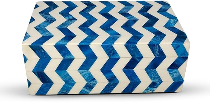 Perilla Home ﻿Home Decor Decorative Storage Wooden Box Small Wooden Organizer Tool Stash Card Craft Trinket Memory Keepsake Jewelry Box for Men and Women, Chevron, Gifts For All, Blue and Off White