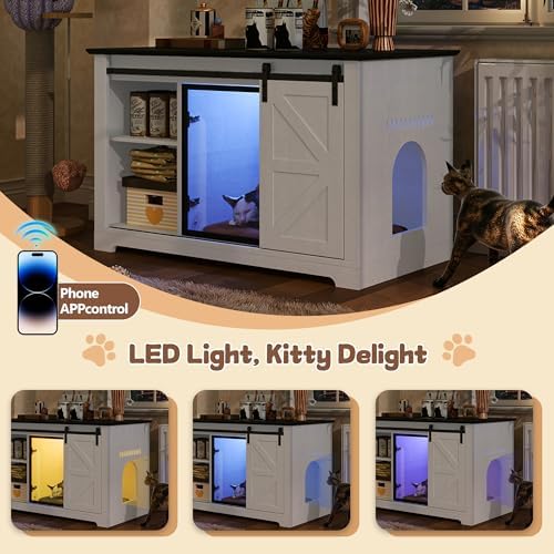 46" Cat Litter Box Enclosure Furniture with LED Light, Hidden Large Cat Cabinet with Storage Drawer & Sliding Barn Door, Indoor Pet House with Acrylic Door for Living Room, White