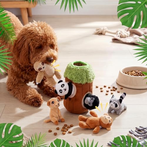 Skylety 7 Pieces Hide and Seek Dog Toys Activity Puppy Chew Squeaky Toys Plush Stuffing Woodland Stuffing with Squeakers for Small Medium Pets Dogs Puppy Gift(Funny,Small)