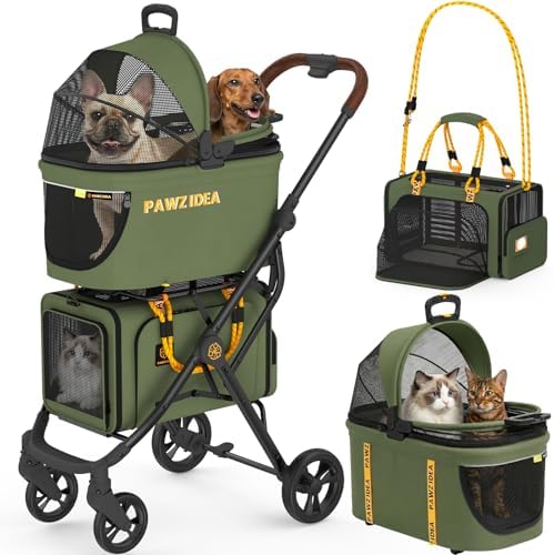 PAWZIDEA Double Pet Stroller with 2 Detachable Carrier for Multiple Pets