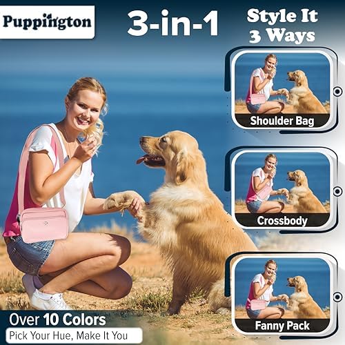 Puppington 3-in-1 Crossbody & Dog Treat Pouch for Pet Training - Matching Compostable Poop Bags, Built-In Poop Bag Dispenser & Slow-Feeding Travel Dog Bowl - Dog Walking Bag (Blush Pink)