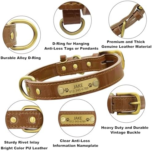 Personalized Genuine Leather Dog Collar with Engraved Name Plate - Durable and Stylish Custom Dog Collar for Small, Medium, and Large Dogs (S,Brown)