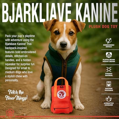 Bjarkliave Kanine – Luxurious Parody Plush Dog Toy with Squeaker, Durable Fabric, Embroidered Details, Designer-Inspired Chew Toy, Fun Gift for Medium Dogs & Trendy Dog Lovers
