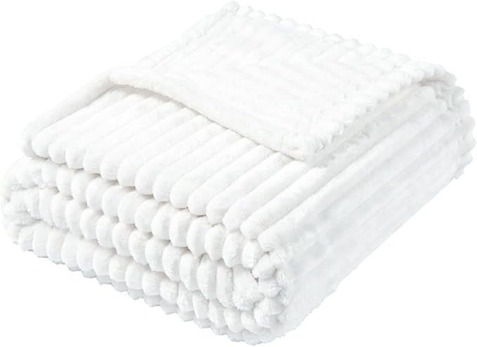 Vessia Flannel Fleece Throw Blanket for Couch,Sofa,Bed, 300GSM Microfiber White Striped Chair Blanket,Super Soft Warm Cozy Lightweight Ribbed Throw for All-Season