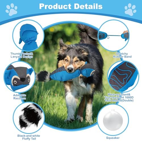 14.96 Inch Blue Raccoon Slingshot Flying Dog Toy, Oxford Squeaky Chew Toy for Fetch Training, Interactive Durable Toy for Medium Large Dogs