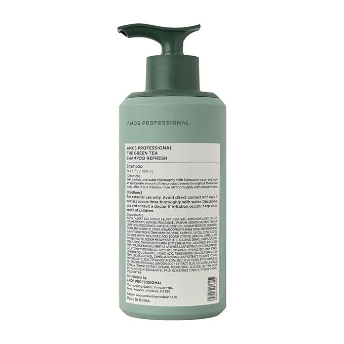 AMOS PROFESSIONAL The Green Tea Shampoo Refresh for Thinning Hair, Korean Shampoo for Oily Scalp l Deep Cleans, Strengthening Hair, All Hair Types, 16.9 fl. oz.