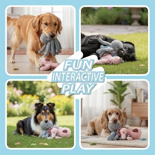 PetLike Plush Sea Animals Toys with Squeaker and Rope,Interactive and Adorable Dog Chew Toys for Medium Large Dogs Biting Training Teething (Pink Seahorse+Grey Octopus)