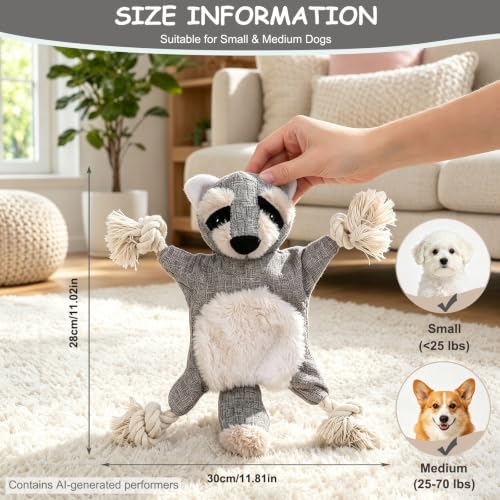 No Stuffing Crinkle Squeaky Dog Toy for Small Medium Puppies,（Raccoon）