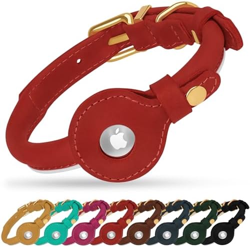OOPSDOGGY Rolled Leather Dog Collar with Airtag Holder - Reflective Round Airtag Dog Collar - Soft Tracking Pet Collar for Small Dogs Puppy Cats Kitten (Red, XL, 17"-21")
