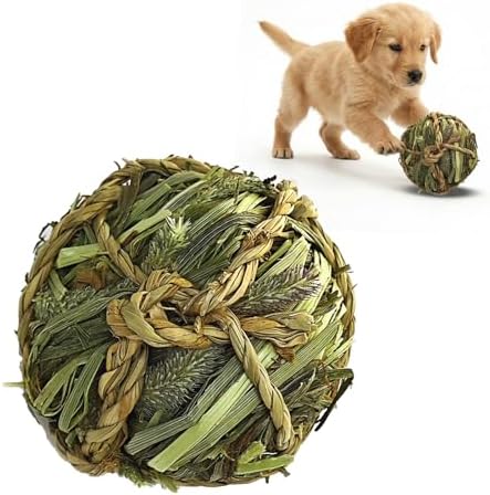 Natural Dog Chew Toy, 1pcs Woven Grass Chew Ball for Dogs, Dental Teething Toy & Interactive Fetch Toys, Outdoor Rattan Digestible Chew Ball for Boredom Relief - Seaweed & Timothy Hay
