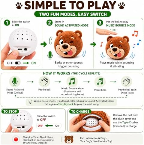 Interactive Dog Toy, Sound Activated Bouncing Bear with Music