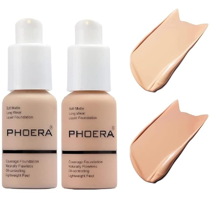 2 Pack PHOERA Foundation,Flawless Soft Matte Oil Control Liquid Foundation Durable Waterproof 24 HR Best Cover up Full Coverage Face Makeup.PHOERA 102-Nude & 103- Warm Peach, 1.0 Fl Oz