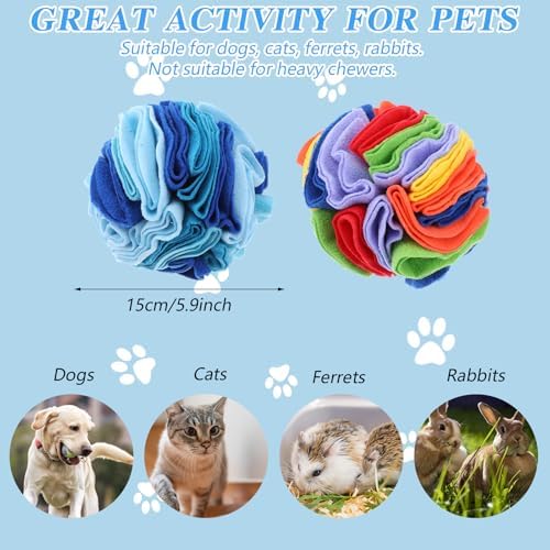 2 Packs Snuffle Ball for Dogs - Sniffle Interactive Treat Ball, Stress Relief, Slow Feeder, Puzzle Toy for Small Medium Dogs Cats, Soft Polar Fleece, Rainbow & Ocean Blue, 5.9 Inches