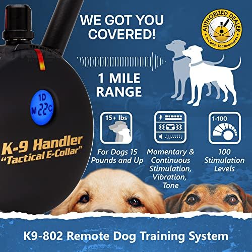Educator K9-802 Two Dogs K9 Handler Professional E-Collar Training Collar with Remote - Up to 1 Mile Range, Waterproof, Rechargeable, 100 Stimulation Levels, Vibration, Tone, 33-Inch Bungee Collar