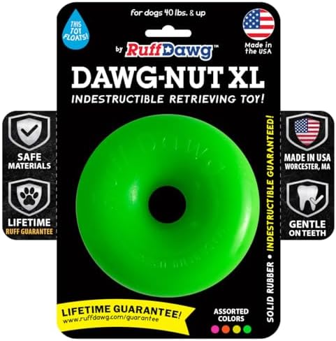 Ruff Dawg Dawg-Nut XL 4.5” Green – Heavy-Duty Solid Rubber Donut Dog Chew Toy for Dogs 40 lbs & Up – Floats & Bounces – Made in USA