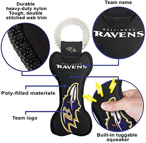 Pets First NFL Baltimore Ravens Dental Dog TUG Toy with Squeaker. Tough PET Toy for Healthy Fun, Teething & Cleaning Pet's Teeth & Gum., Team Color, one Size (BAL-3310)