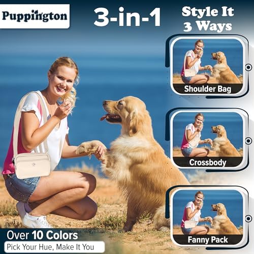 Puppington 3-in-1 Crossbody Dog Walking Bag & Treat Pouch for Pet Training - Matching Compostable Poop Bags, Built-In Poop Bag Dispenser & Slow-Feeding Travel Bowl (Vanilla Cream)
