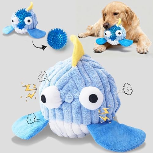 Squeak Dog Toys for Aggressive Chewers, No Stuffing Squeak Dog Chew Toys for Aggressive Chewers, Interactive Dog Toy Ball with Crinkle Paper for Medium Dogs, Large & Small Breeds (B-Blue Whale)