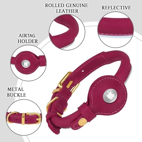 OOPSDOGGY Rolled Leather Dog Collar with Airtag Holder - Reflective Round Airtag Dog Collar - Soft Tracking Pet Collar for Small Dogs Puppy Cats Kitten (Pink, M, 12"-15")