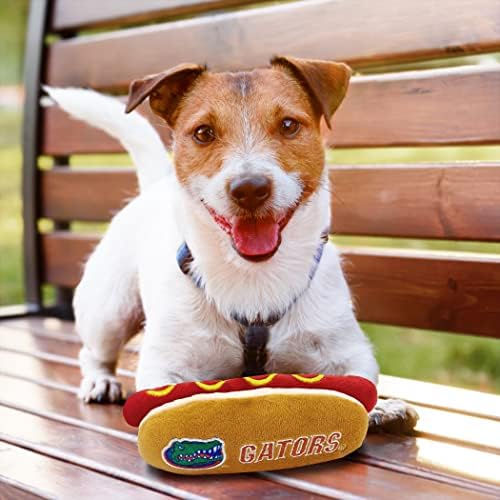 Pets First NCAA Florida Gators HOT Dog Plush Dog & CAT Squeak Toy - Cutest HOT-Dog Snack Plush Toy for Dogs & Cats with Inner Squeaker & Beautiful Football/Basketball Team Name/Logo