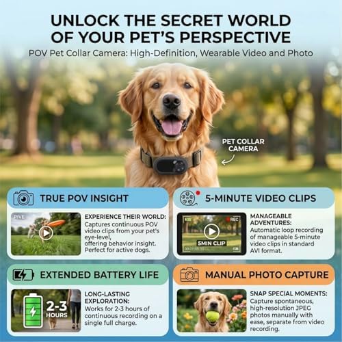 Pet Collar Camera 170 Degree Wide Angle Lens Video Recording Action Camera for Dogs and Cats Indoor Outdoor High Resolution Battery Life Collar Camera Pet Wearable Pet Camera